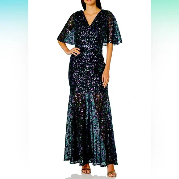 NWT! Dress the Population Lourdes Flutter Sleeve Sequin Lace Long Gown - Picture 1 of 4